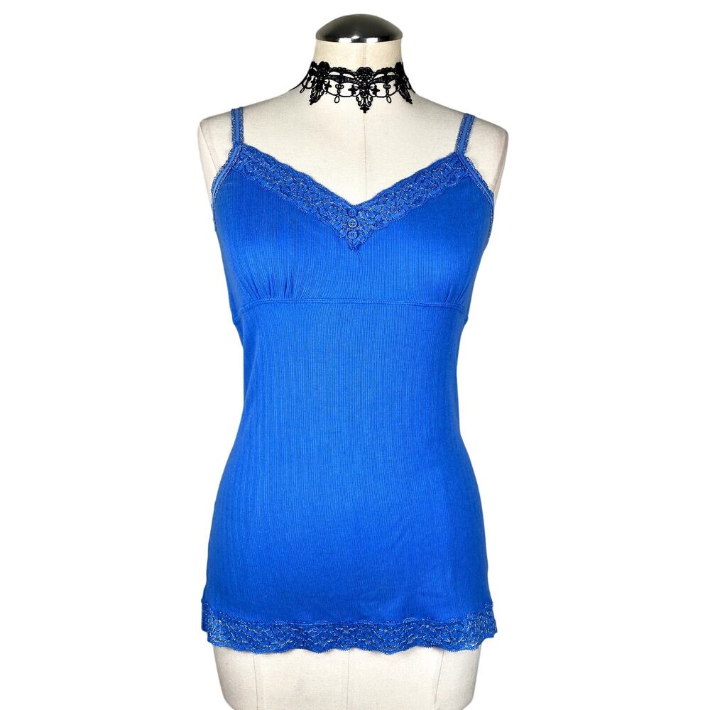 Vtg Y2K Blue Sparkle Lace Henley Button Grunge Coquette Cottage Core Tank Top M